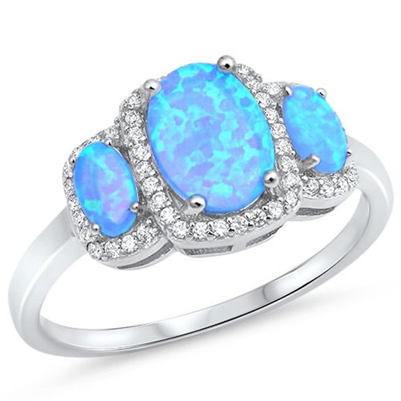 CHOOSE YOUR COLOR Clear CZ Oval Blue Simulated Opal Halo Ring .925 Sterling Silver Band White Female Size 9