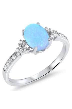 CHOOSE YOUR COLOR Clear CZ Oval Blue Simulated Opal Ring .925 Sterling Silver Band White Female Size 5