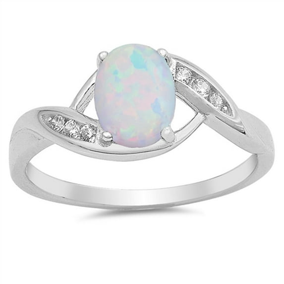 CHOOSE YOUR COLOR Clear CZ Oval White Simulated Opal Ring .925 Sterling Silver Band Female Size 6