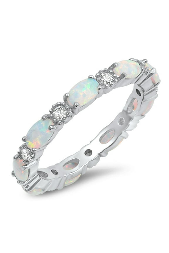 CHOOSE YOUR COLOR Clear CZ Oval White Simulated Opal Ring Sterling Silver Stackable Love Band Female Size 6
