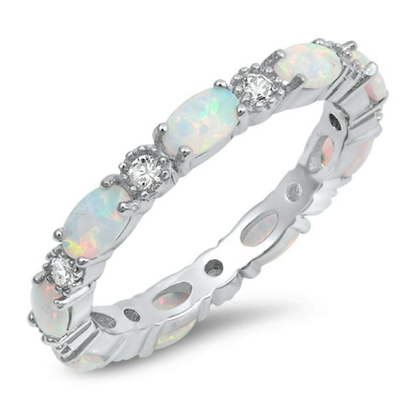CHOOSE YOUR COLOR Clear CZ Oval White Simulated Opal Ring Sterling Silver Stackable Love Band Female Size 7