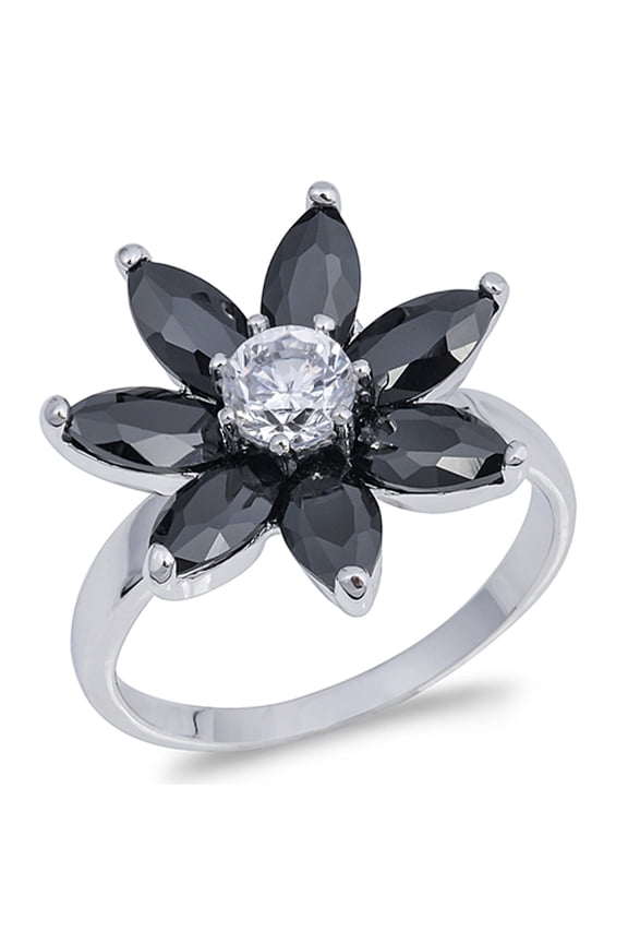 CHOOSE YOUR COLOR Clear CZ Plumeria Flower Round Prong Ring .925 Sterling Silver Band White Female Size 7