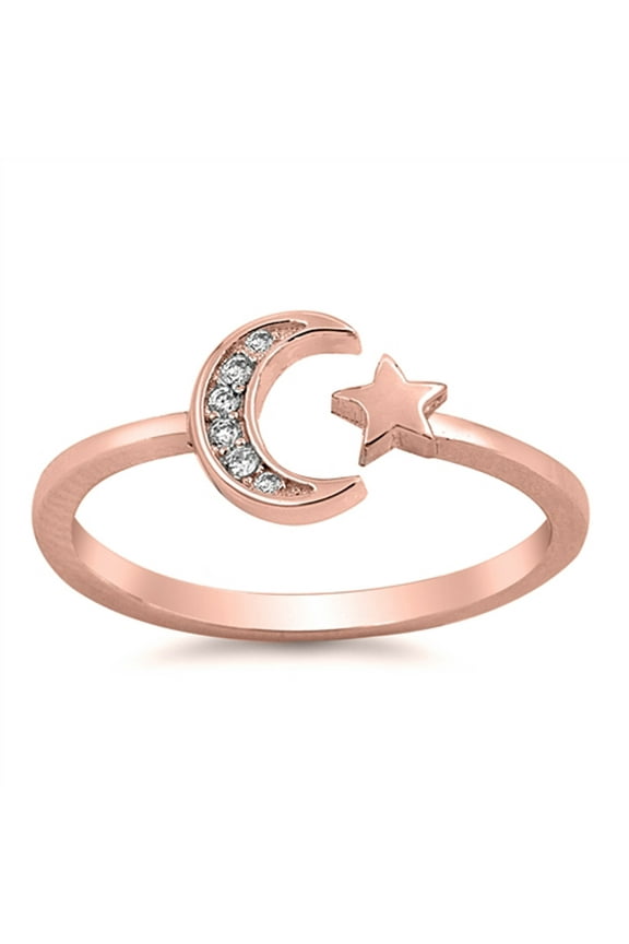 CHOOSE YOUR COLOR Clear CZ Rose Gold-Tone Moon Star Ring Sterling Silver Vintage Band White Female Size 2