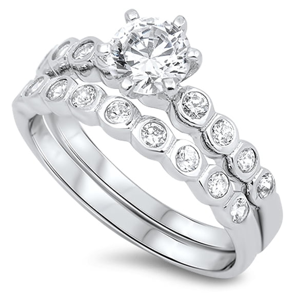 CHOOSE YOUR COLOR Clear CZ Rounded Ring Set .925 Sterling Silver Band White Female Size 5