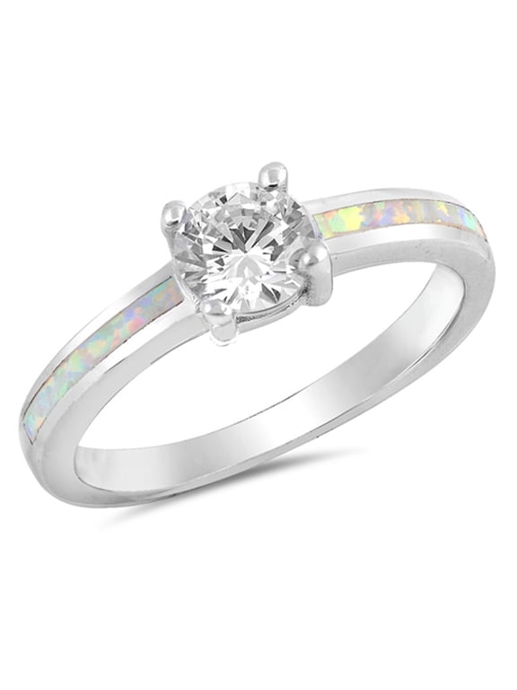 CHOOSE YOUR COLOR Clear CZ Solitaire White Simulated Opal Ring .925 Sterling Silver Band Female Size 6