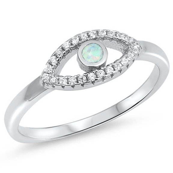 CHOOSE YOUR COLOR Clear CZ White Simulated Opal Evil Eye Ring .925 Sterling Silver Band Female Size 7