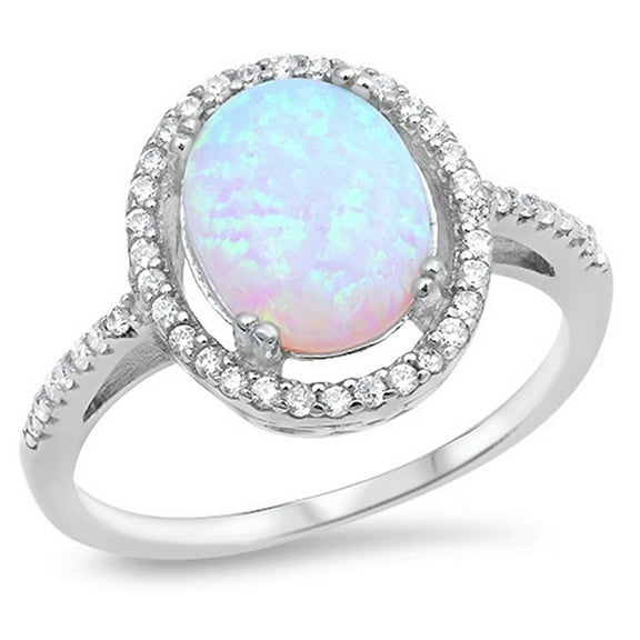 CHOOSE YOUR COLOR Clear CZ White Simulated Opal Halo Wedding Ring .925 Sterling Silver Band Female Size 6