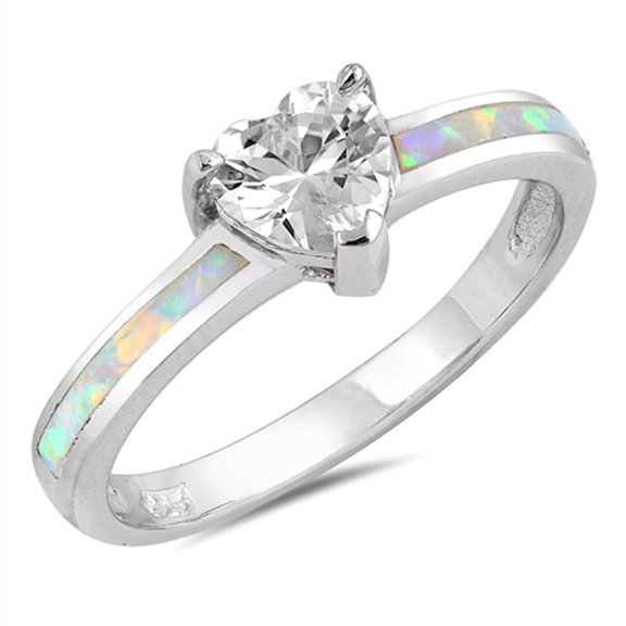 CHOOSE YOUR COLOR Clear CZ White Simulated Opal Heart Promise Ring .925 Sterling Silver Band Female Size 5