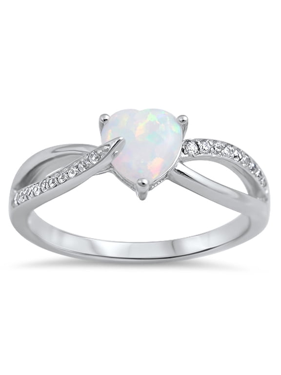 CHOOSE YOUR COLOR Clear CZ White Simulated Opal Heart Promise Ring .925 Sterling Silver Band Female Size 7