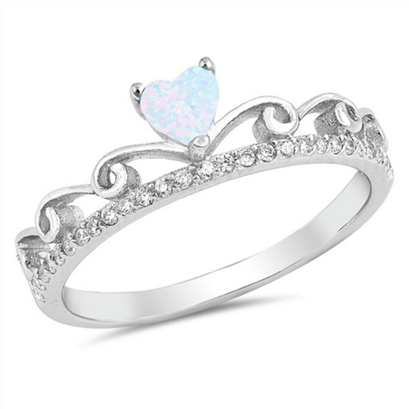 CHOOSE YOUR COLOR Clear CZ White Simulated Opal Heart Tiara Ring .925 Sterling Silver Band Female Size 10