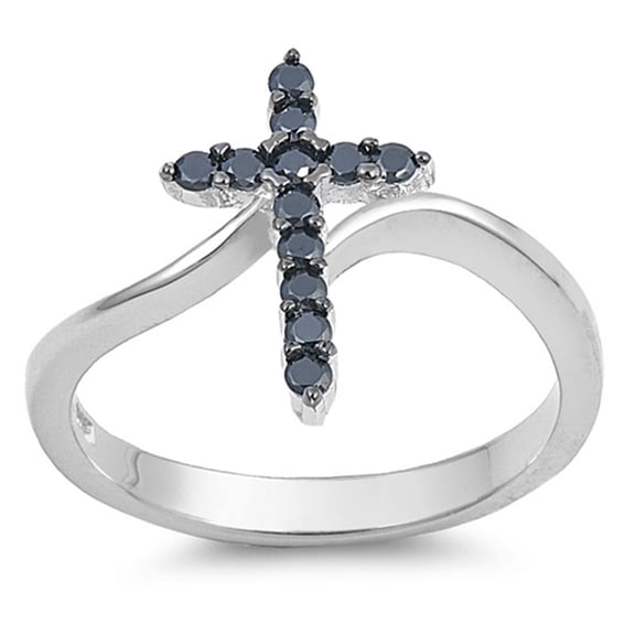 CHOOSE YOUR COLOR Cross Black CZ Wholesale Christ Ring .925 Sterling Silver Band Female Size 10