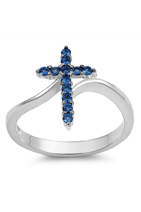 CHOOSE YOUR COLOR Cross Blue Simulated Sapphire Wide Ring .925 Sterling Silver Band CZ Female Size 10