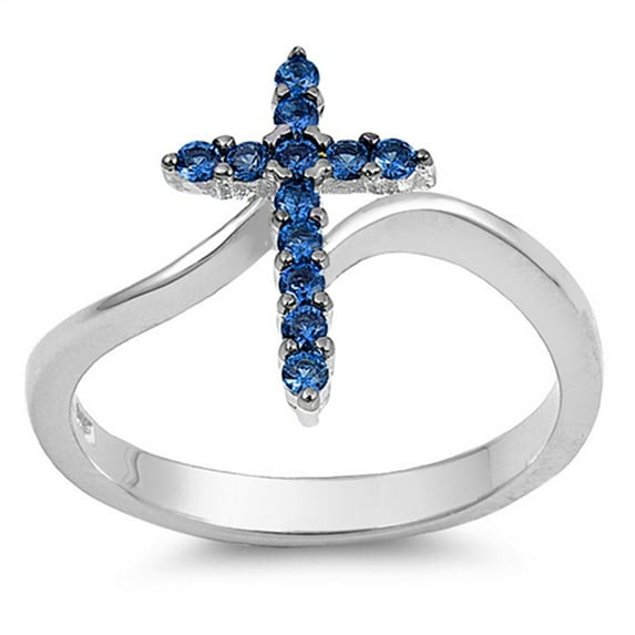 CHOOSE YOUR COLOR Cross Blue Simulated Sapphire Wide Ring .925 Sterling Silver Band CZ Female Size 7