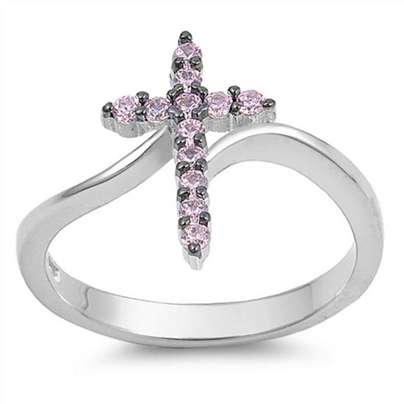 CHOOSE YOUR COLOR Cross Pink CZ Wholesale Christian Ring .925 Sterling Silver Band Female Size 4
