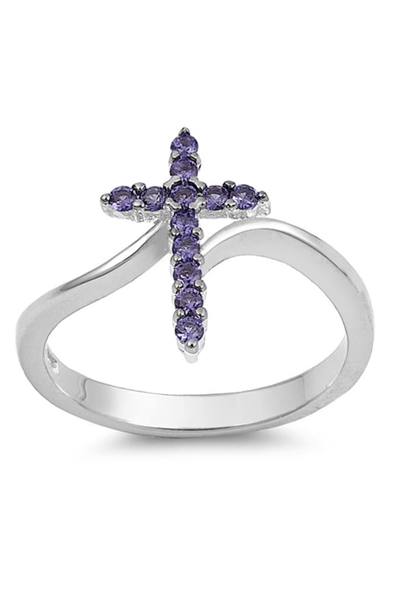 CHOOSE YOUR COLOR Cross Simulated Amethyst Christian Love Ring .925 Sterling Silver Band Purple CZ Female Size 7