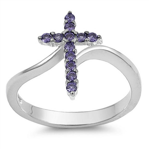 CHOOSE YOUR COLOR Cross Simulated Amethyst Christian Love Ring .925 Sterling Silver Band Purple CZ Female Size 9