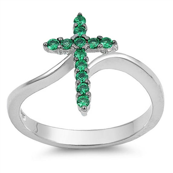 CHOOSE YOUR COLOR Cross Simulated Emerald Christian Love Ring .925 Sterling Silver Band Green CZ Female Size 5