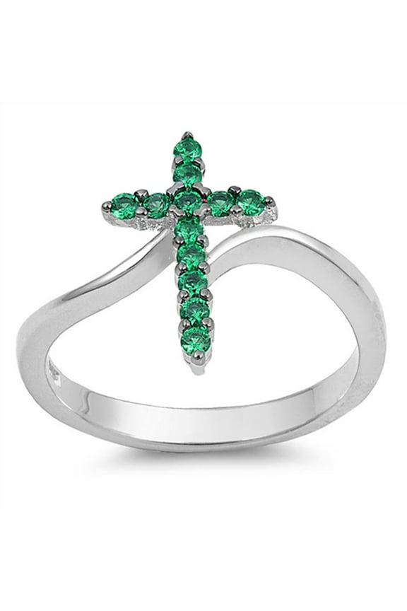 CHOOSE YOUR COLOR Cross Simulated Emerald Christian Love Ring .925 Sterling Silver Band Green CZ Female Size 7