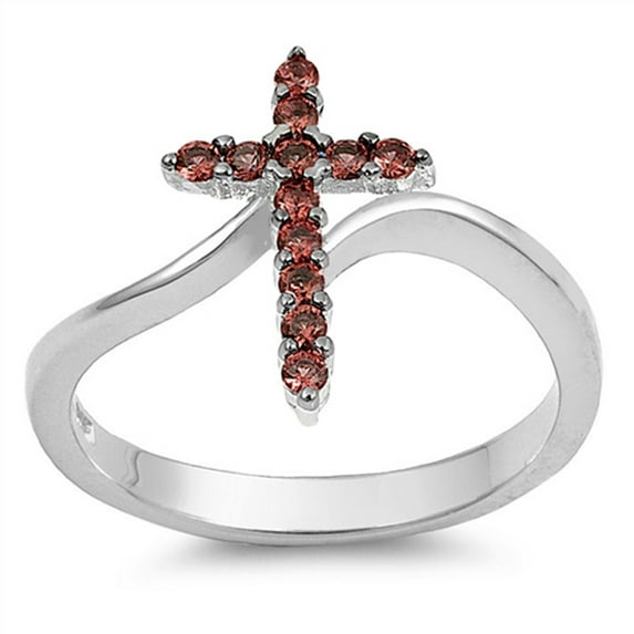 CHOOSE YOUR COLOR Cross Simulated Garnet Christian Ring .925 Sterling Silver Band Red CZ Female Size 12