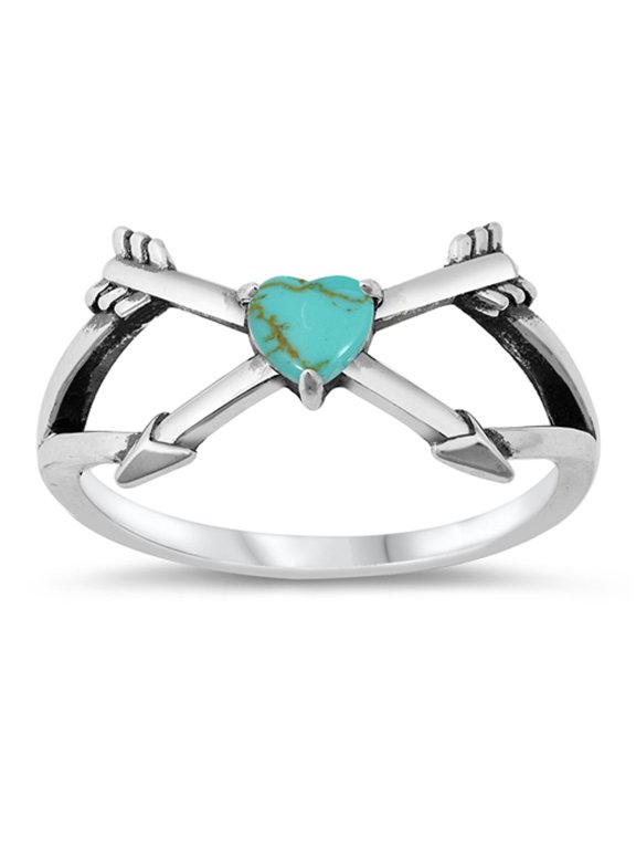 CHOOSE YOUR COLOR Cupid Arrow Simulated Turquoise Promise Heart Ring .925 Sterling Silver Band Blue CZ Female Size 10