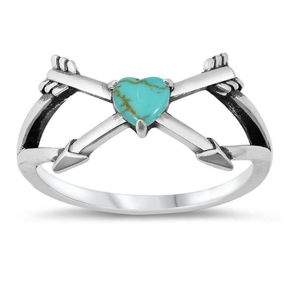 CHOOSE YOUR COLOR Cupid Arrow Simulated Turquoise Promise Heart Ring .925 Sterling Silver Band Blue CZ Female Size 8