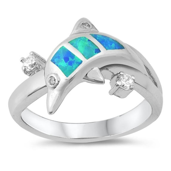 CHOOSE YOUR COLOR Dolphin Clear CZ Blue Simulated Opal Ring .925 Sterling Silver Band White Female Size 9