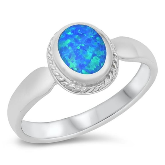 CHOOSE YOUR COLOR Elegant Oval Rope Halo Ring Blue Simulated Opal .925 Sterling Silver Band CZ Female Size 5
