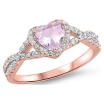 CHOOSE YOUR COLOR Elegant Rose Gold-Tone Studded Promise Heart Sterling Silver Ring Pink CZ Female Size 4