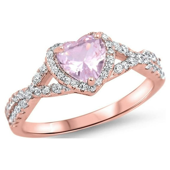 CHOOSE YOUR COLOR Elegant Rose Gold-Tone Studded Promise Heart Sterling Silver Ring Pink CZ Female Size 4