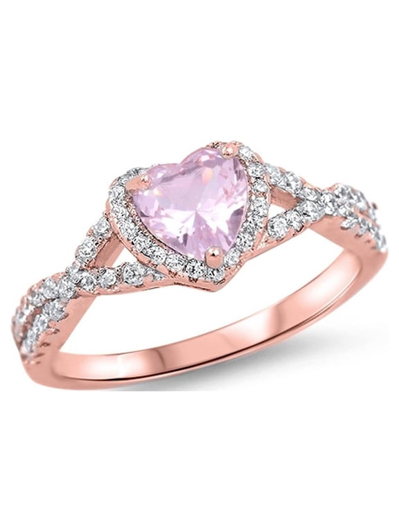 CHOOSE YOUR COLOR Elegant Rose Gold-Tone Studded Promise Heart Sterling Silver Ring Pink CZ Female Size 4