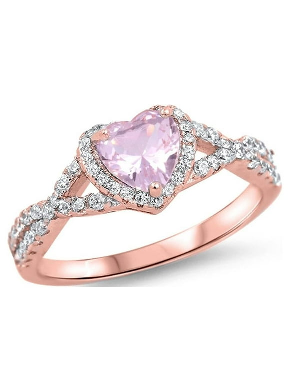 CHOOSE YOUR COLOR Elegant Rose Gold-Tone Studded Promise Heart Sterling Silver Ring Pink CZ Female Size 4