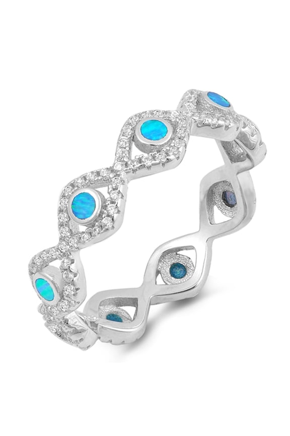 CHOOSE YOUR COLOR Eternity Evil Eye Clear CZ Blue Simulated Opal Ring Sterling Silver Band White Female Size 4
