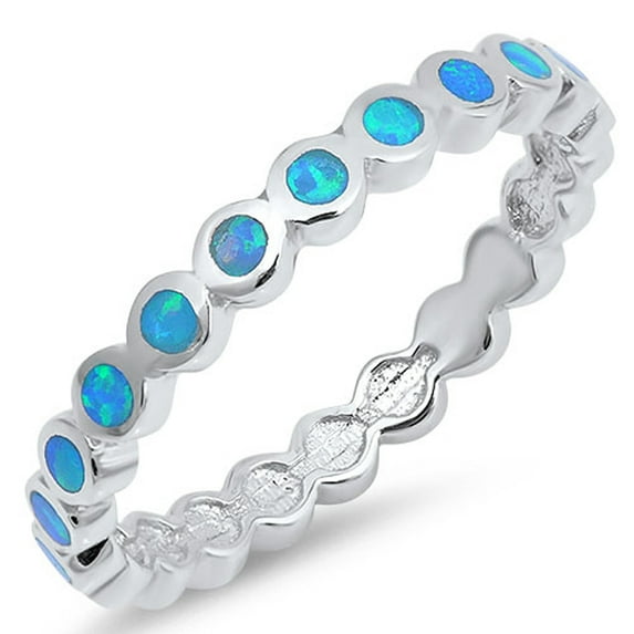 CHOOSE YOUR COLOR Eternity Round Blue Simulated Opal Stackable Ring .925 Sterling Silver Band CZ Female Size 5