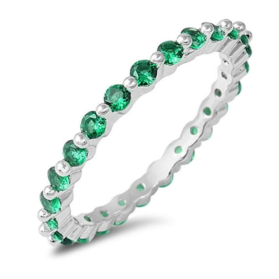 CHOOSE YOUR COLOR Eternity Round Simulated Emerald Stackable Ring .925 Sterling Silver Band Green CZ Female Size 7