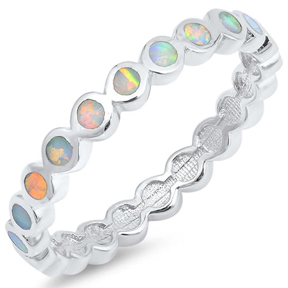 CHOOSE YOUR COLOR Eternity Round White Simulated Opal Stackable Ring Sterling Silver Band CZ Female Size 11