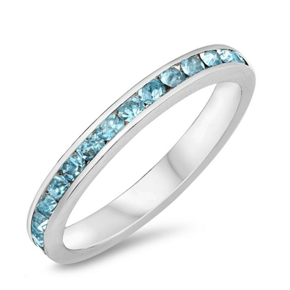 CHOOSE YOUR COLOR Eternity Simulated Aquamarine Stackable Ring .925 Sterling Silver Band Blue CZ Female Size 9