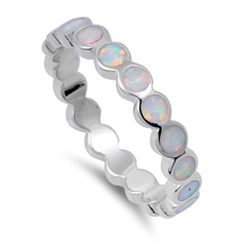Simulated Opal Stackable Ring – .925 Sterling Silver Band, Size 12, White Eternity Style