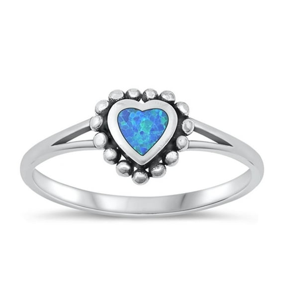 CHOOSE YOUR COLOR Fancy Bali Blue Simulated Opal Ring 925 Sterling Silver Heart Band CZ Female Size 4
