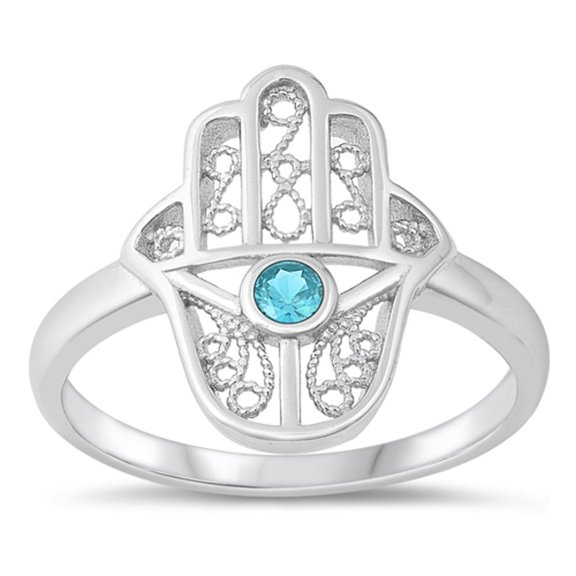 CHOOSE YOUR COLOR Filigree Hand of God Blue Simulated Sapphire Hamsa Ring .925 Sterling Silver CZ Female Size 7