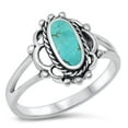thumbnail image 1 of CHOOSE YOUR COLOR Filigree Oval Simulated Turquoise Long Beaded Ring 925 Sterling Silver Band Blue CZ Female Size 9, 1 of 4