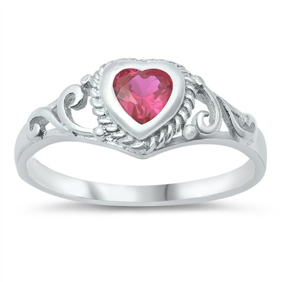 CHOOSE YOUR COLOR Filigree Swirl Heart Baby Ring .925 Sterling Silver Red CZ Female Size 9