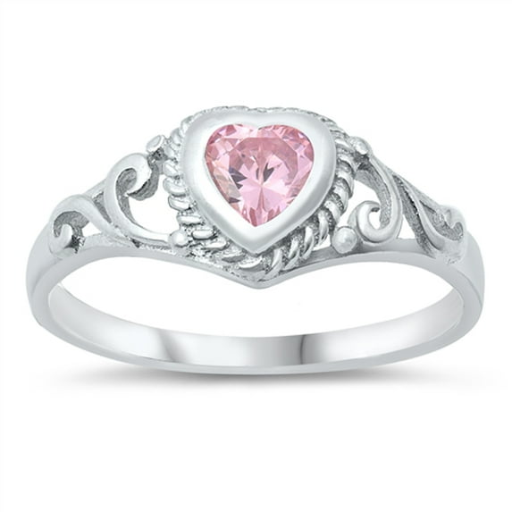 CHOOSE YOUR COLOR Filigree Swirl Heart Promise Ring .925 Sterling Silver Pink CZ Female Size 2