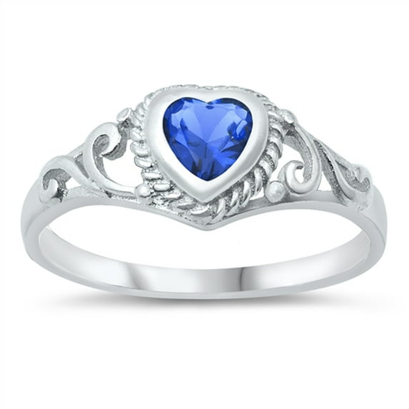 CHOOSE YOUR COLOR Filigree Swirl Heart Ring .925 Sterling Silver Band Blue CZ Female Size 2
