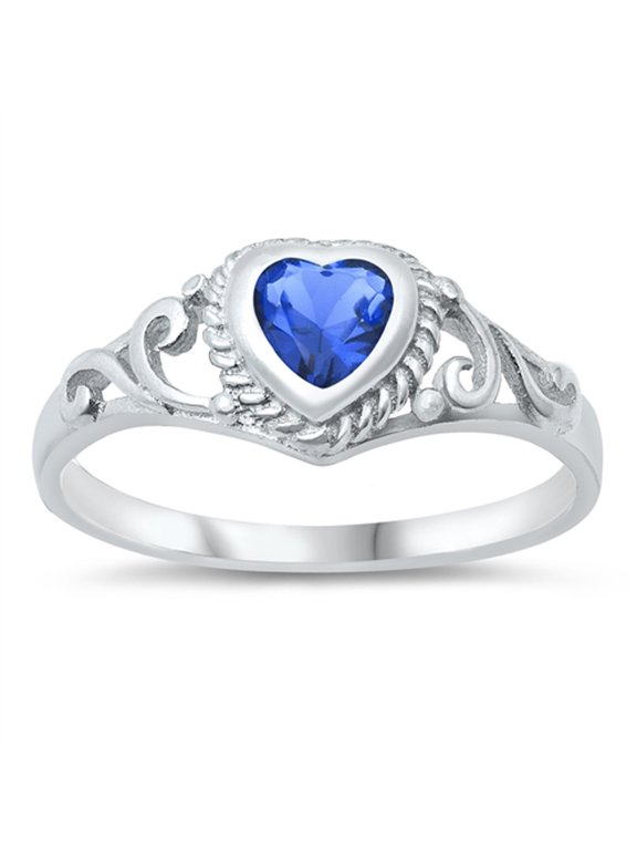 CHOOSE YOUR COLOR Filigree Swirl Heart Ring .925 Sterling Silver Band Blue CZ Female Size 3