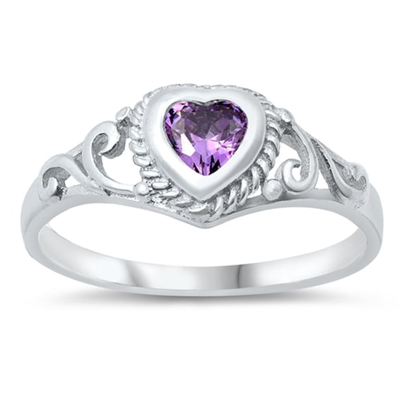 CHOOSE YOUR COLOR Filigree Swirl Promise Heart Ring .925 Sterling Silver Purple CZ Female Size 5