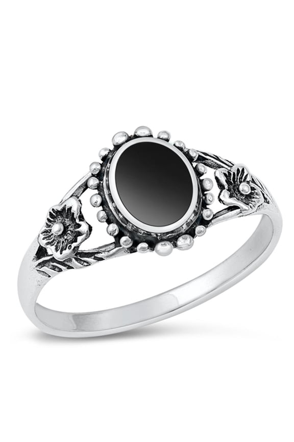 CHOOSE YOUR COLOR Flower Bali Simulated Black Onyx Wholesale Ring .925 Sterling Silver Band CZ Female Size 5