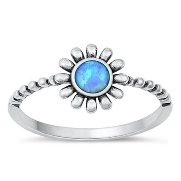 CHOOSE YOUR COLOR Flower Blue Simulated Opal Promise Ring .925 Sterling Silver Band CZ Female Size 10