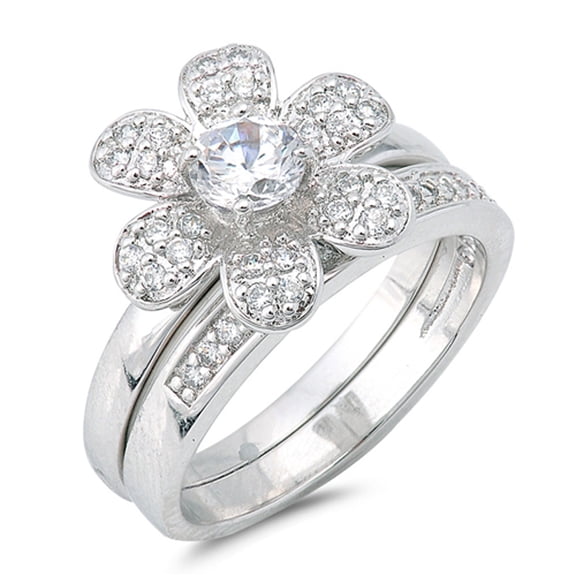 CHOOSE YOUR COLOR Flower Set Clear CZ Solitaire Ring .925 Sterling Silver Band White Female Size 6