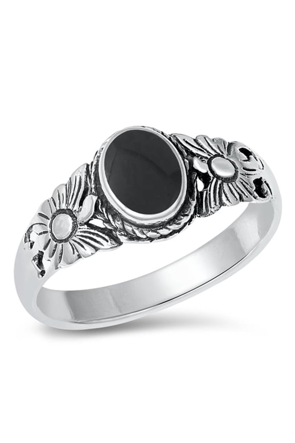 CHOOSE YOUR COLOR Flower Simulated Black Onyx Bali Ring .925 Sterling Silver Band CZ Female Size 6