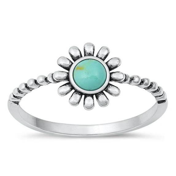 CHOOSE YOUR COLOR Flower Simulated Turquoise Ring .925 Sterling Silver Band Blue CZ Female Size 10
